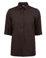 Mörkbrun dam linneskjorta med kort ärm i pop-over modell.