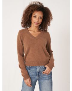Brun Croppad V-Hals Cashmere Tröja